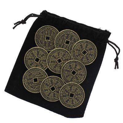 Lucky Feng Shui Chinese Coins Set of 9 in Black Pouch